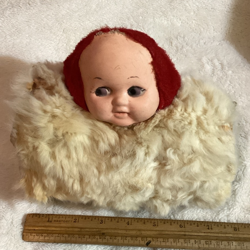 Vintage Creepy Looking Child's Hand Warmer with a Doll Head Attached